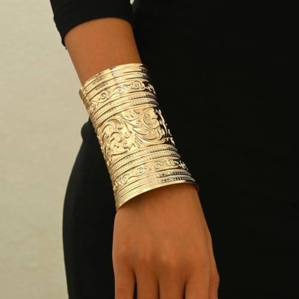 Gold Wide Cuff Bracelet Embossed Floral Scroll Statement Bangle Bohemian Jewelry